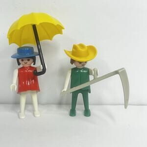1974 playmobil farmer and wife scythe umbrella collectible kids toys